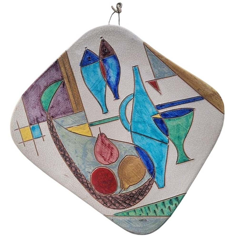 Vintage Raymor Mid Century Italian Ceramic Wall Plaque Still Life Art Tile 14.5"